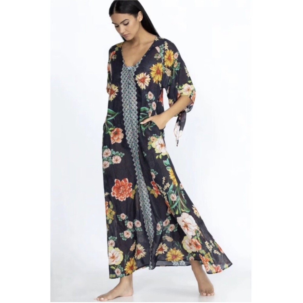 Johnny Was Silk Floral Kaftan Dress Women’s Medium Navy Blue Maxi Beach Cover Up